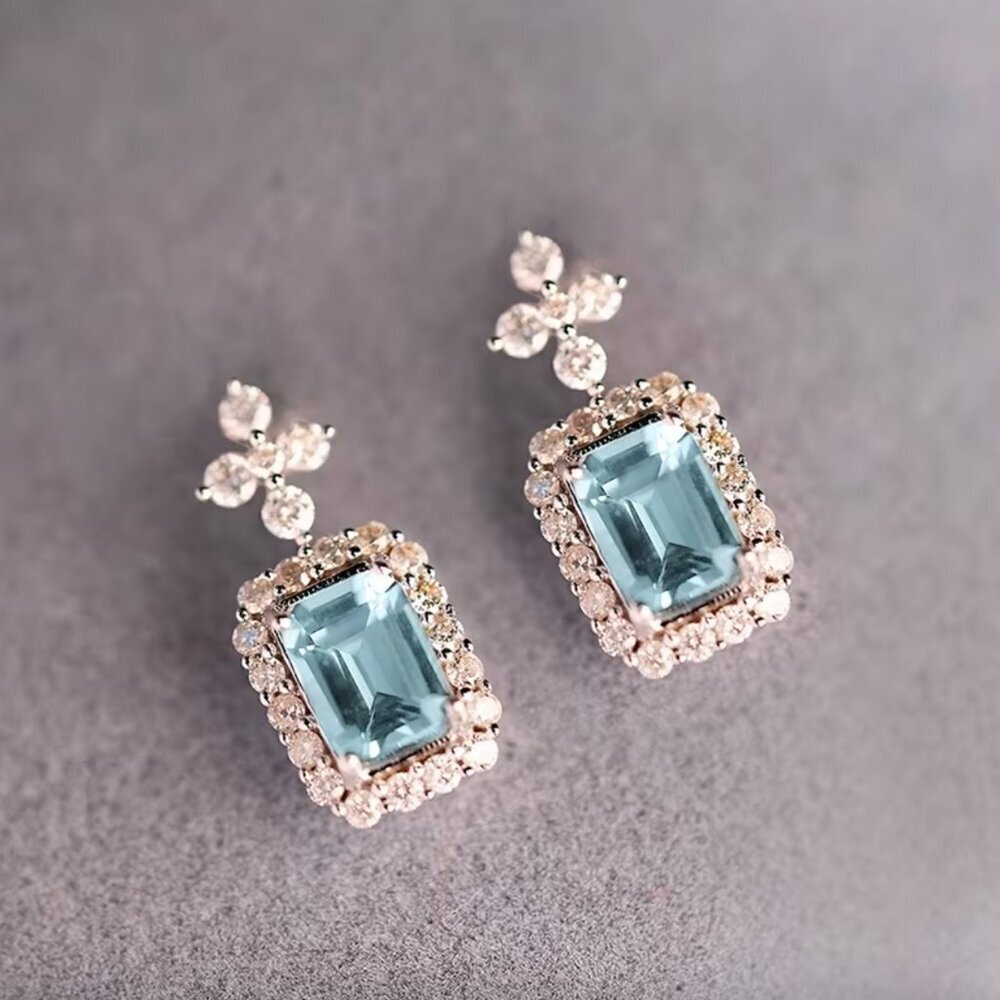 18k White Gold Emerald Cut Aquamarine Diamond Earrings
